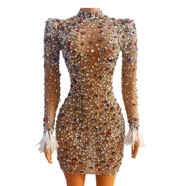 Glitzerndes, buntes, transparentes Kleid aus Strass, Abschlussball, Abend, sexy, durchsichtig, mehrfarbige Kristalle, Kostüm, Geburtstag, Fetherärmel