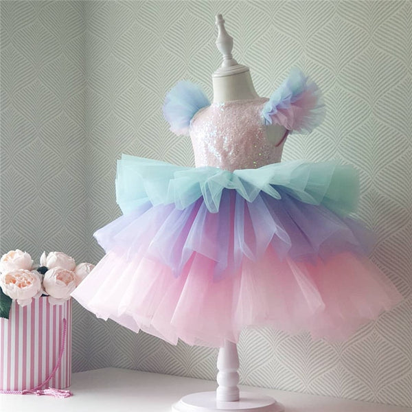 Girls Formal Princess Dress Kids Lace Tulle Rainbow Elegant Evening Party Cake Tutu Prom Gown Children Wedding Communion Costume