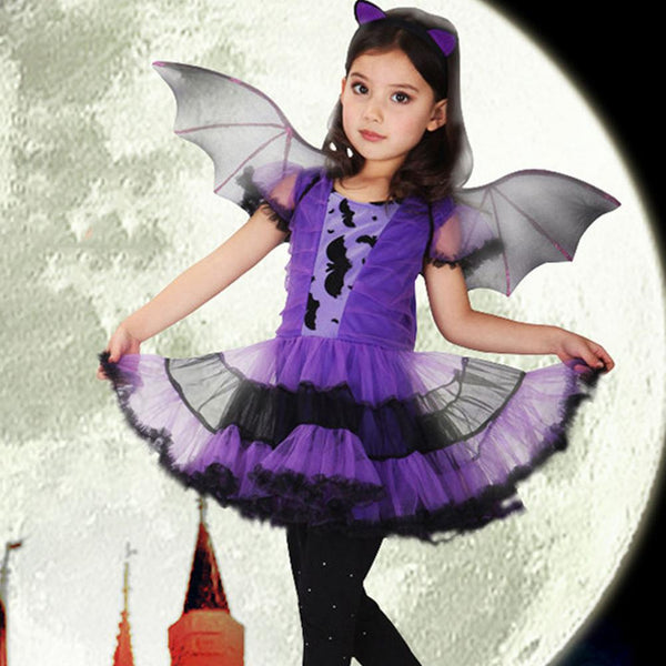 Kids Girls Purple Bat Vampire Princess Dress Fancy Cosplay Costume Witch Clothes with Wing Halloween Role Play Clothing