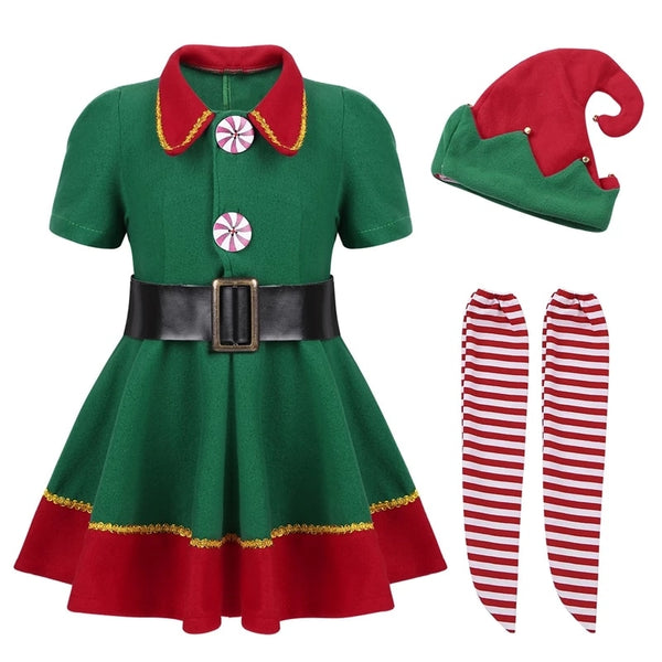 2021 Green Elf Kids Warm Christmas Costume Santa Clause Clothes for Girls Boys New Year Chilren's Fancy Dress Party Clothing Set