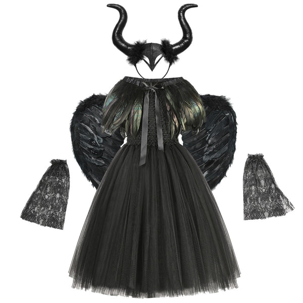 Kinder Black Devil Tutu Kostüm Gothic Halloween Mädchen Fancy Tutu Kleid mit Federschal Royal Dark Queen Males Ficent Gown Dress Kinderkostüm