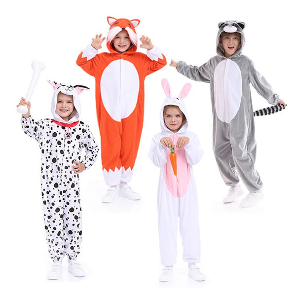 Tierpyjamas-Bodysuit-Kind-Häschen-Spielanzug-Kostüm-Dalmatiner-Fuchs-Tier-Einteiler-Karnevals-Tier-mit Kapuze-Overalls für Kinderkinderkostüm