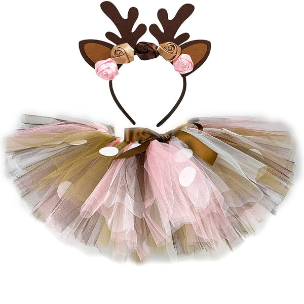 Kids Girls Tutu Skirt with Headband Fluffy Birthday Party Baby Girl Tutu Dance Tulle Skirt Girls Christmas Deer Costume 0-14Y