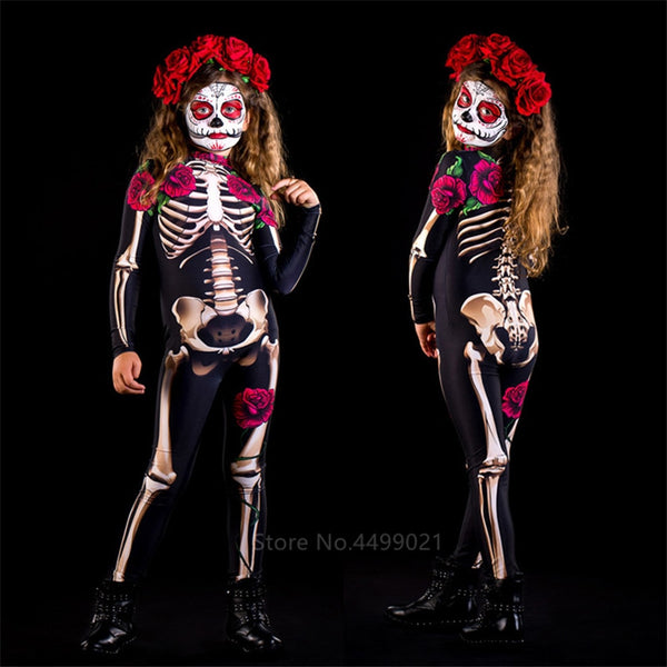 Rose Skeleton Adult Kids Scary Costume Halloween Dress Cosplay Sexy Jumpsuit Carnival Party Baby Girl Rompers Day of The Dead