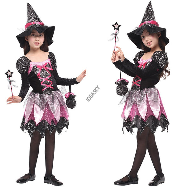 Kinder Mädchen Halloween Hexenkostüm Glitzernde Silbersterne Bedrucktes Karneval Cosplay Kleid mit Spitzhut Zauberstab Anziehkleidung