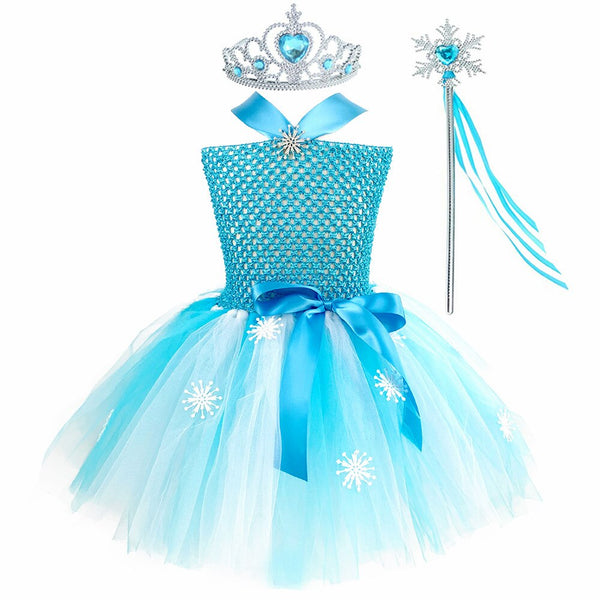 Princess Elsa Girls Dresses Kids Princess Dress Up Costume Snow Queen Birthday Party Tutu Dress Toddler Halloween Purim Cosplay