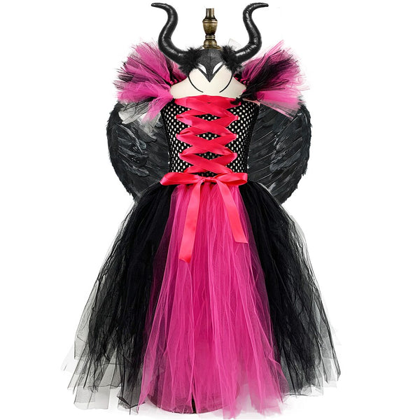 Kids Hot Pink Devil Costume Gothic Halloween Girls Fancy Tutu Dress with Wing Evil Queen Gown Dress for Child Carnival Party