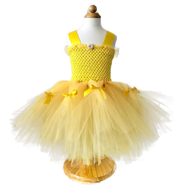 Yellow Princess Dress Girls Kids Halloween Cosplay Costume Birthday Carnival Party Clothing Child Long Tutu Dress 1-12 Years