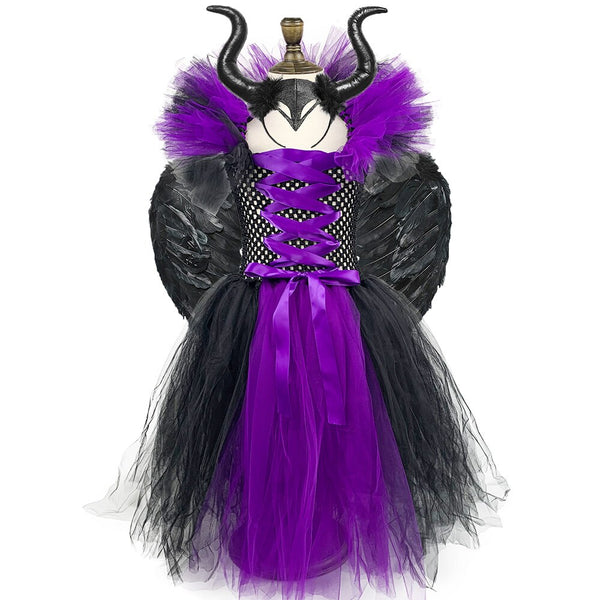 Black Purple Devil Witch Costume Girls Party Dresses Long Kid Demon Evil Cosplay Clothes with Horns Wings Child Carnival Gifts