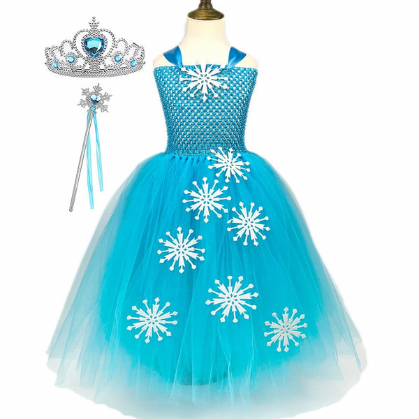 Kid Snow Queen Dress Blue Fluffy Girls Long Tutu Dress Snowflake Princess Costume for Child Halloween Birthday Party Clothes Set