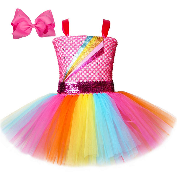 Fancy Rainbow Girls Dress with Hari Bow Baby Kids Shining Princess Dress Siwa Cosplay Costume for Child Holiday Birthday Party