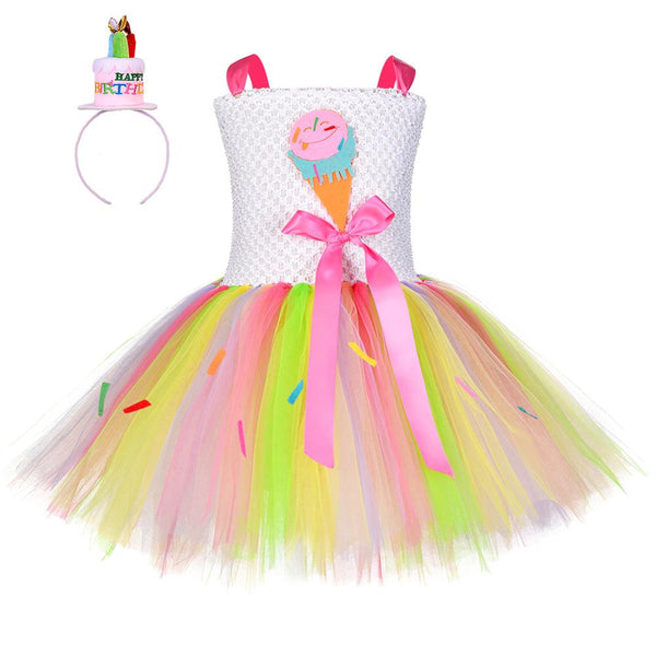 Kid Birthday Party Dress Toddler Girls Sweeter Ice Cream Cosplay Costume Child Fluffy Tulle Cake Smash Outfit Coronation Clothes