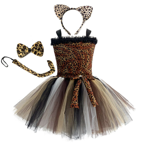 Kids Leopard Dresses 1-12 Years Girls Tutu Dress Halloween Panther Cosplay Costume Birthday International Children Clothes