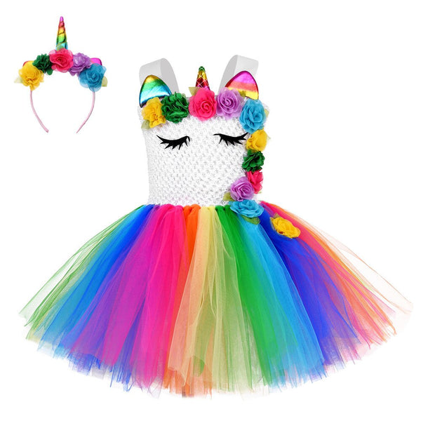 Rainbow Unicorn Cosplay Dresses Girls Kid Flower Princess Tutu Dress with Headband Baby Girls Birthday Halloween Unicorn Costume