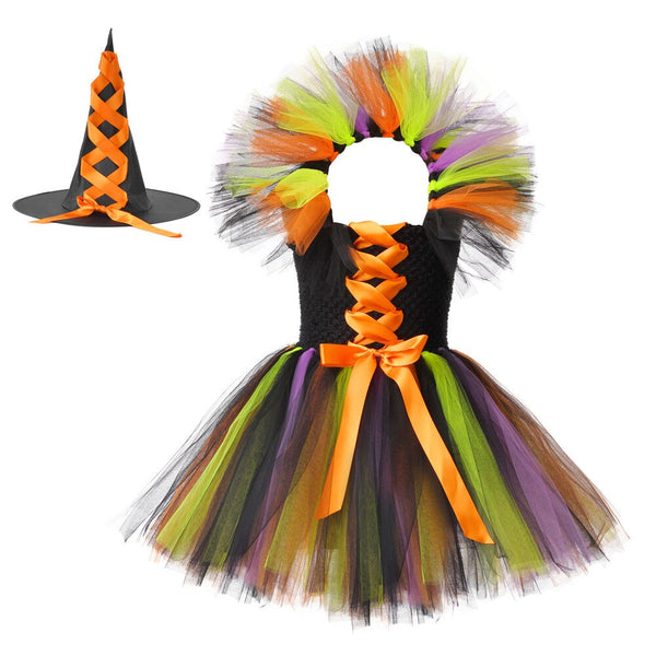 Kid Halloween Witch Costume Orange Black Girls Wizad Tutu Dress with Wizad Hat Birthday Holiday Carnival Role Playing for Child