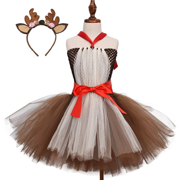 Cute Brown Deer Girls Tutu Dress 1-12 Years Kid Christmas Reindeer Costume Children Halloween Purim Dress Up Clothes Party Gifts