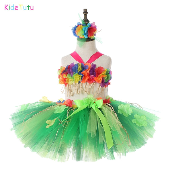 Hawaii Hula Girls Tutu Outfit  Baby Toddler Luau Bonfire Beach Party Dancer Dress Kid Birthday Clothes Outfit with Headband