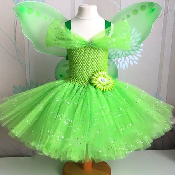 Sparkly Fairy Tutu Dress Girls Wood Elf Cosplay Costume with Butterfly Wing Kid Halloween Holiday Role Play Jungle Party Clothes