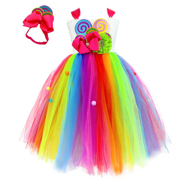 Sweet Rainbow Candy Girls Tutu Dress Ankle Length Colorful Balls Lollipop Cosplay Costume Kids Pageant Birthday Clothes Outfit