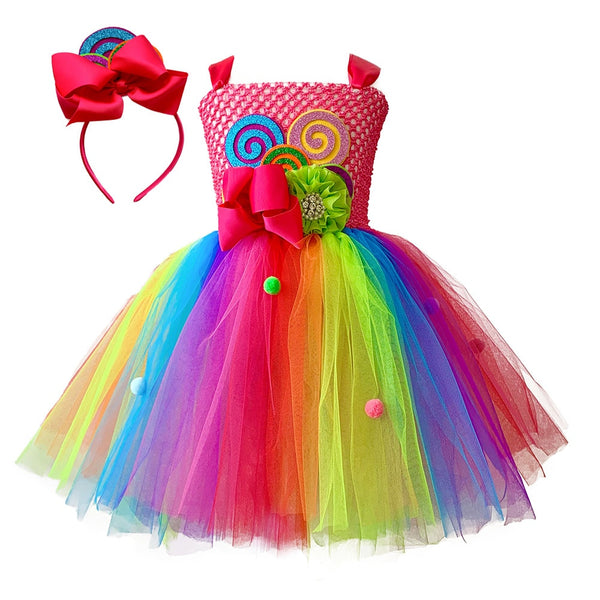 Rainbow Candy Princess Dress Girls Fuzzy Ball Lollipop Costume with Lollipop Headband Kid Holiday Birthday Party Clothes Outfits