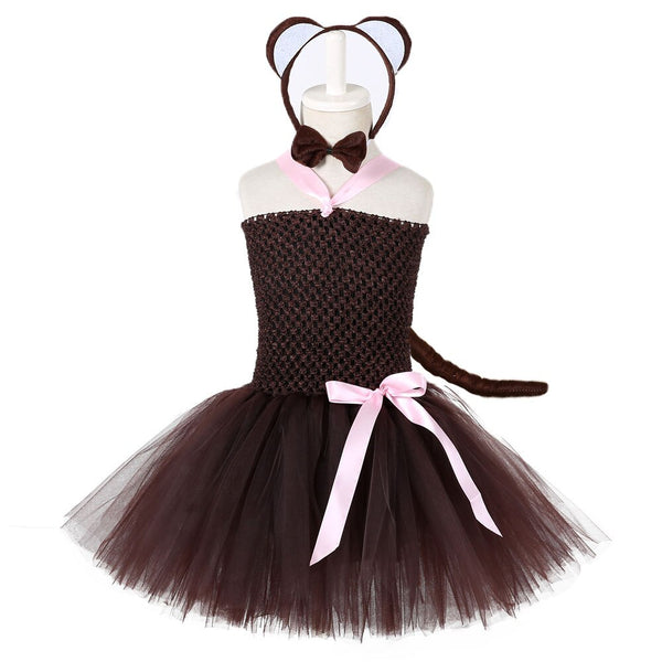 Cute Bear Tutu Dress Set Brown Cute Zoo Animal Cosplay Costume for Kids Girls Performance Halloween Party Dress Outfit 1-14y