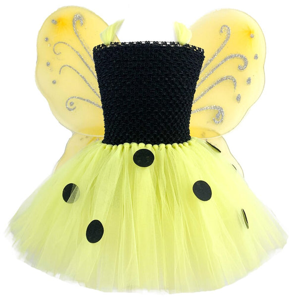 Yellow Fairy Girls Dresses Butterfly Costume with Wing Kids Halloween Cosplay Clothes Toddler Birthday Party Supplies 1-12 Years