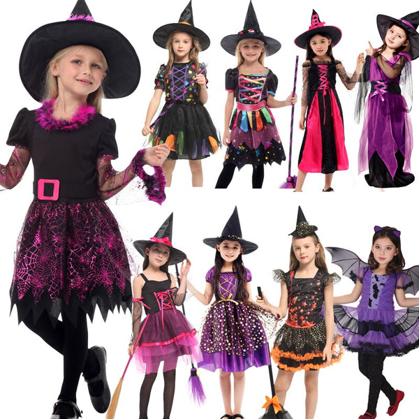 Halloween Costume Witch Cosplay With Hat Bay For Kids Children Christmas Party Dress Up 3-12Years