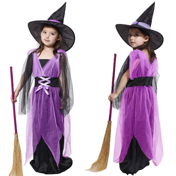 Halloween Purple witch dress with hat  Fancy Masquerade Party Girl Costume Children Cosplay Dance Dress Kids Holiday dress Gift