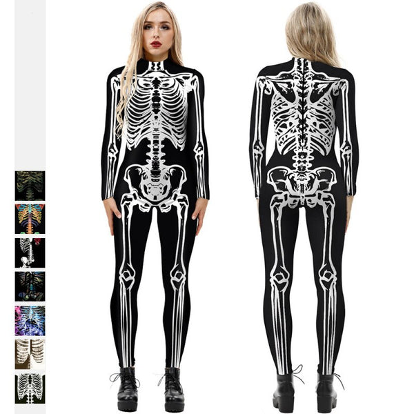 2021 New Halloween Scary Skeleton Printed Jumpsuit for Women Long Sleeve Colorful Horror Skull Slim Carnival Party Bodysuit