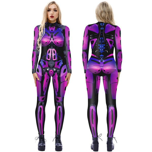 Mode Frauen Overall Roboter 3D Druck Cosplay Kostüm Dame Mädchen Halloween Langarm Strumpfhosen Skinny Strampler Overall