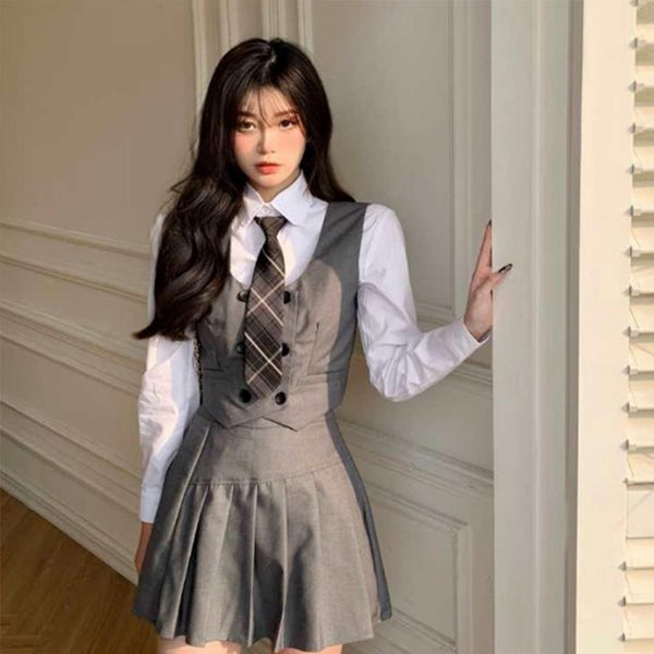 College-Stil Japanische Mode Jk Anzug Schuluniform Mädchen Outfit Lässige Weste Jacke Krawatte Faltenrock Hemd Dünne Frauen 4St