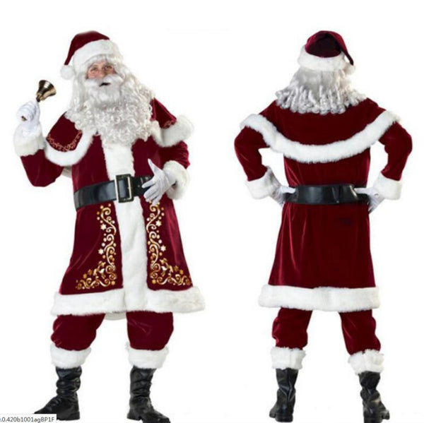 Xmas Santa Claus Anzug Erwachsene Weihnachten Cosplay Kostüm Red Deluxe Velvet Fancy 9pcs Set Xmas Party Man Kostüm S-XXL