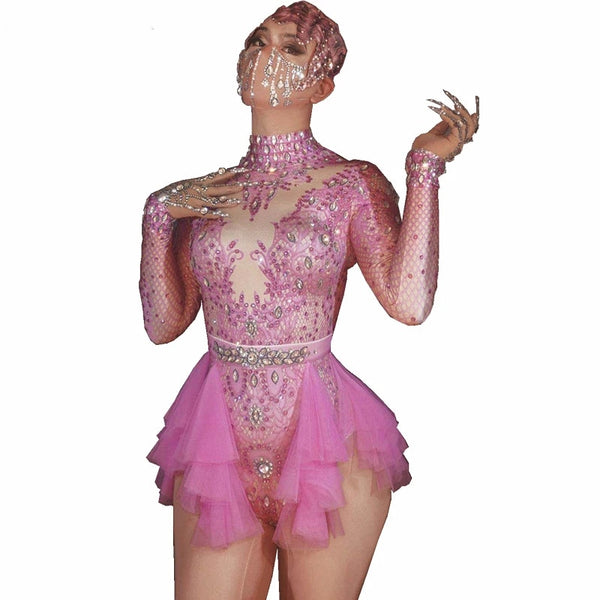 Pink Sparkly Rhinestones Printed Lace Bodysuit Elastic Skinny Long Sleeve Leotard Stage Wear Lady Birthday Party Dance Costume