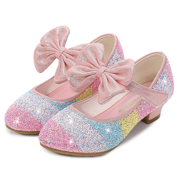 Girls Leather Shoes Princess Children Bow Shoes Round-Toe Soft-Sole Big Kids High Heel Princess Crystal Single Party Shoes