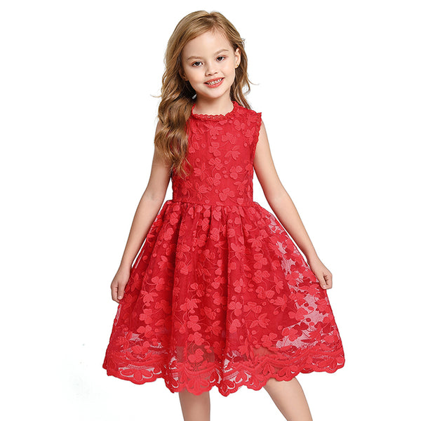 Baby Girls Red Dress Kids Lace Flower Design White Wedding Party Dress for Girl Children Sleeveless Clothing New Birthday Wear