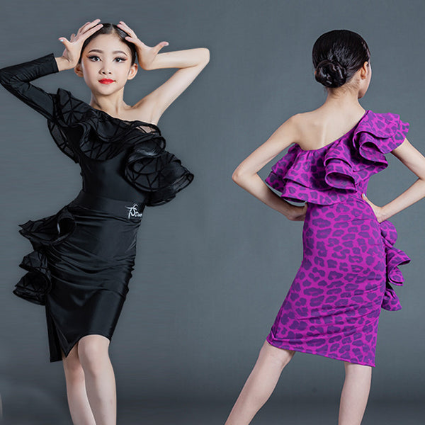 Single-Sleeved Ruffled Latin Dance Costume Girls Latin Tops Ruffled Skirts Split Suit Kids Stage Ballroom Dacne Clothing SL5254