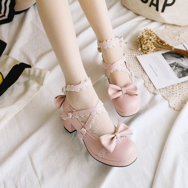 Lolita Women's Shoes Bow Knot Japanese Lolita Shoe Cute Girl Round Head Middle Heel Loli Fashion Harajuku Kawaii Shoes