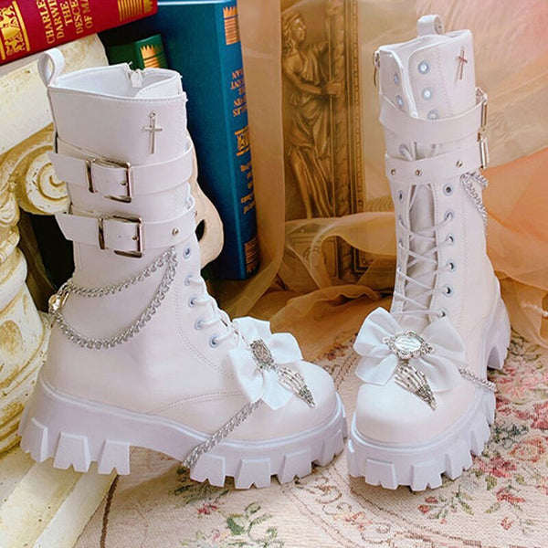 Lolita Mid-tube Boots For Women Atumn Princess Style White Boots Flat Fashion Buckle Boot Platform Cosplay Shoes Botas Femininas