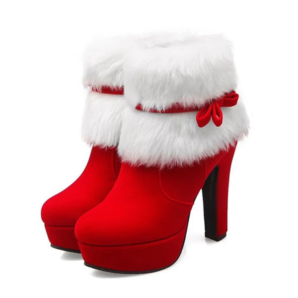 Women Winter Warm Shoes Christmas Lady Santa Claus Cosplay Shoes Red Ankle Boots High Heels Short Boots