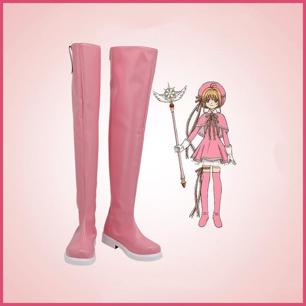 Cardcaptoror Sakurara Kinomototo Sakurara Cosplay Shoes Pink Faux Leather Boots