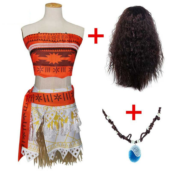 Erwachsene Kinder Prinzessin Vaiana Moana Kostüm Kleider mit Halskette Perücke Frauen Mädchen Halloween Party Moana Kleid Kostüme Cosplay