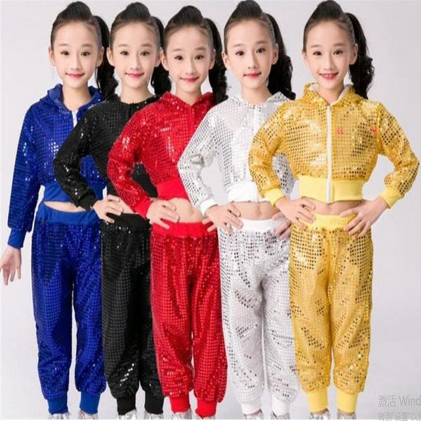 Kids Hip Hop Dance Costumes Children Girls Boys Modern Jazz Dancing Outfits Ballroom Party Sequined Dance Hoodie +Pants