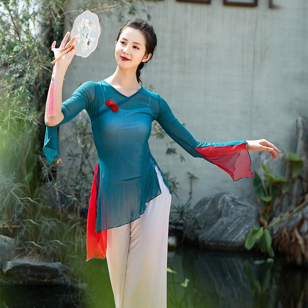 Women Classical Dance Clothese Contrast Color Shirt Light Weight Mesh Top Body Rhyme Modern Dance Costume Plus Size