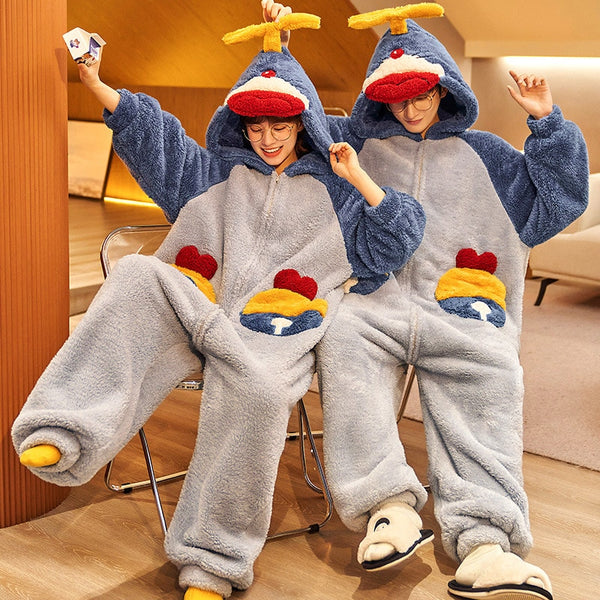 Couples Pajamas Women Men Winter Hoodies Jumpsuit Sleepwear Cute Anime Cartoon Adult Thicken Soft Warm One-piece Homewear