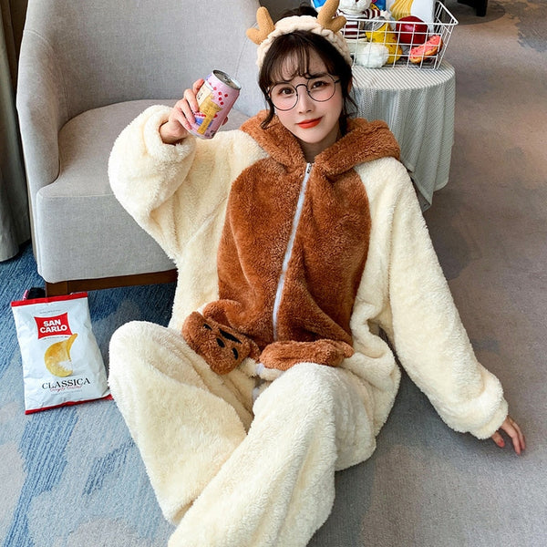 2021 Adult Hoodie Pajamas Women Winter Thicken Zipper Sleepwear Anime Cartoon Bear Jumpsuit Girl Soft Warm Korean Loose Pyjamas