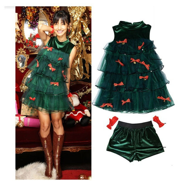 Fashion Cute Christmas Dress Fancy Japanese Korea Holiday Party Dancing Costume Cosplay Adult Women Green Lace Dress