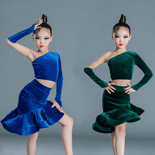 Girls Velvet Split Suit Latin Top Mermaid Skirts Ballroom Competition Prom Dress Latin Dancing Costume Stage Performance SL5497