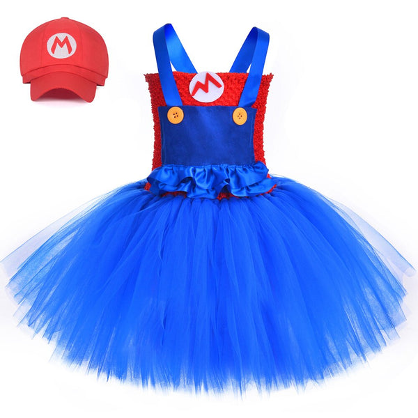 Super Kid Mario Kostüm mit Hut Mädchen Kostüm Partykleid Kind Halloween Cosplay Kleidung Geburtstag Tutu Outfits Kleinkind Mädchen Geschenk