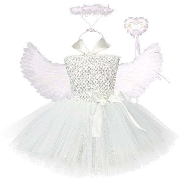 Weißer Engel Tutu Kostüm für Mädchen Prinzessin Fee Cosplay Kleid mit Flügeln Halloween Kostüme für Kinder Mädchen Kleidung Outfit 1-14 Jahre