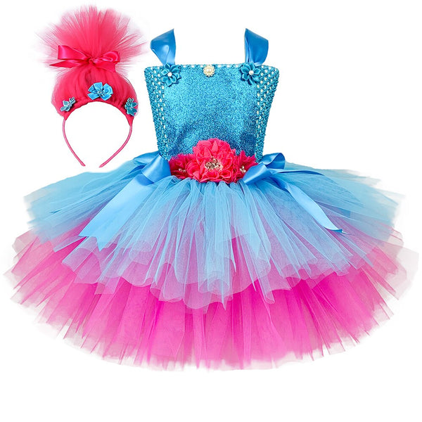 Trolls Inspire Tutu Dress Baby Girls Princess Poppy Dresses for Kids Magic Elves Halloween Costume Fairy Flower Clothes Outfits